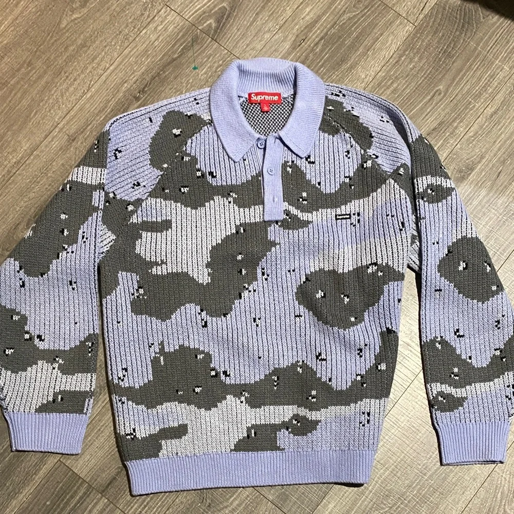 Supreme Small Box Logo Raglan Polo Blue Camo Sweater - Picture 1 of 8